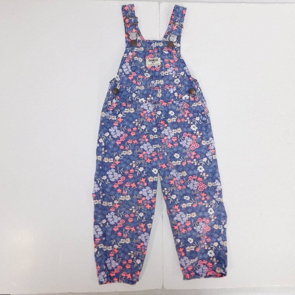Oshkosh B'gosh Blue White Pink Floral Overalls Girls Toddler 2T